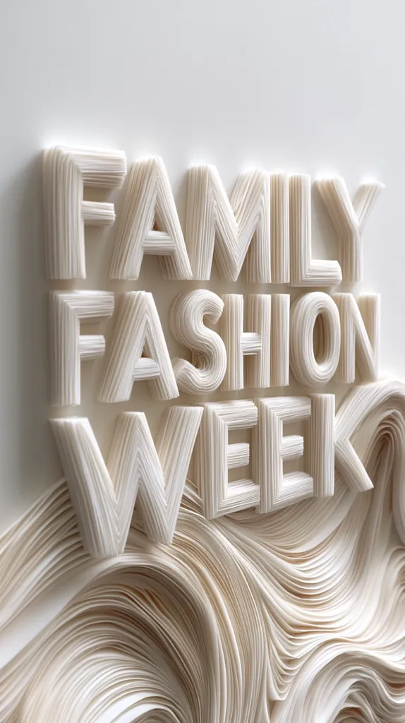 The words "Family Fashion Week" are artfully crafted in three-dimensional, layered paper.  The letters are formed from meticulously folded and arranged paper strips, creating a textured, sculptural effect.  These letters sit atop a swirling, wave-like base of similarly constructed paper, adding depth and visual interest to the piece.  The overall color palette is a soft, creamy off-white.