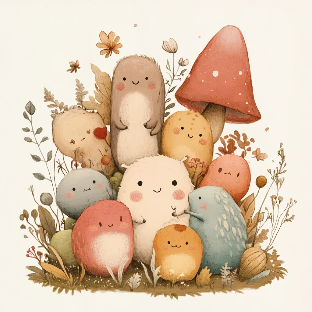 A charming illustration depicts a whimsical gathering of adorable, fluffy creatures nestled amongst vibrant wildflowers and a large mushroom.  The characters, reminiscent of friendly woodland sprites, exhibit a range of pastel colors and endearing expressions.  The overall style is soft, gentle, and evokes a feeling of warmth and whimsical charm.
