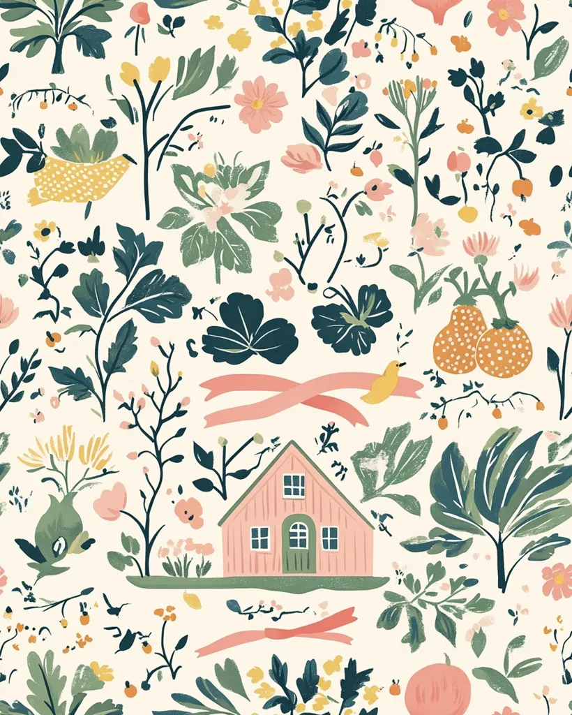 A charming cream-colored fabric features a whimsical garden scene.  Pink and peach flowers, lush green foliage, and quaint illustrations of a little pink house, pumpkins, and birds are scattered across the pattern.  Muted tones and stylized botanicals create a sweet, cottagecore aesthetic.  Pastel pink ribbons add a touch of elegance.  The design is repetitive and perfect for crafting or home decor.