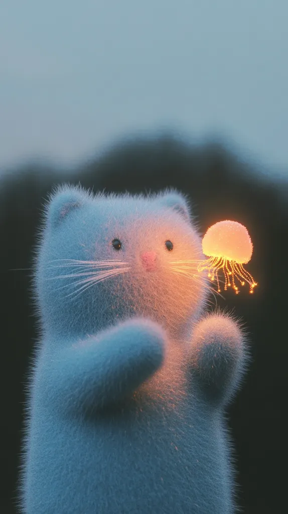A fluffy, light-blue cat-like creature, rendered in a 3D style, gently holds a glowing jellyfish. The jellyfish emits a warm, orange light, contrasting with the cool tones of the cat.  The scene is set against a blurred, dark background, enhancing the soft lighting on the main subjects. The overall aesthetic is whimsical and serene.