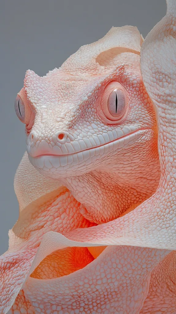 Close-up of a pale pink crested gecko partially concealed within a similarly colored, textured, petal-like structure. The gecko's large, expressive eyes and detailed skin are prominently featured.  The overall image creates a soft, almost ethereal aesthetic. The background is a muted gray, drawing focus to the subject.