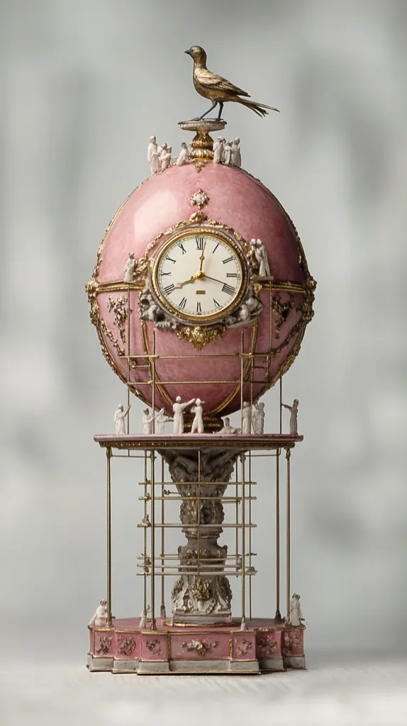 A whimsical clock in the shape of a pink orb, adorned with miniature figures seemingly constructing it.  A gold bird perches atop the sphere, which features an ornate clock face. The entire piece is supported by a delicate, brass scaffolding, creating a fantastical, almost surreal, aesthetic.  Small figurines are positioned around the base, adding to the intricate detail.