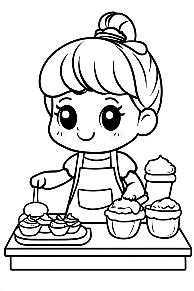 A cute cartoon girl with a bun hairstyle is shown wearing an apron and preparing cupcakes.  She's at a small counter, decorating cupcakes and arranging others on a tray.  A sundae cup sits beside more cupcakes, all ready for sale or enjoyment. The image is a coloring page, featuring thick black outlines.
