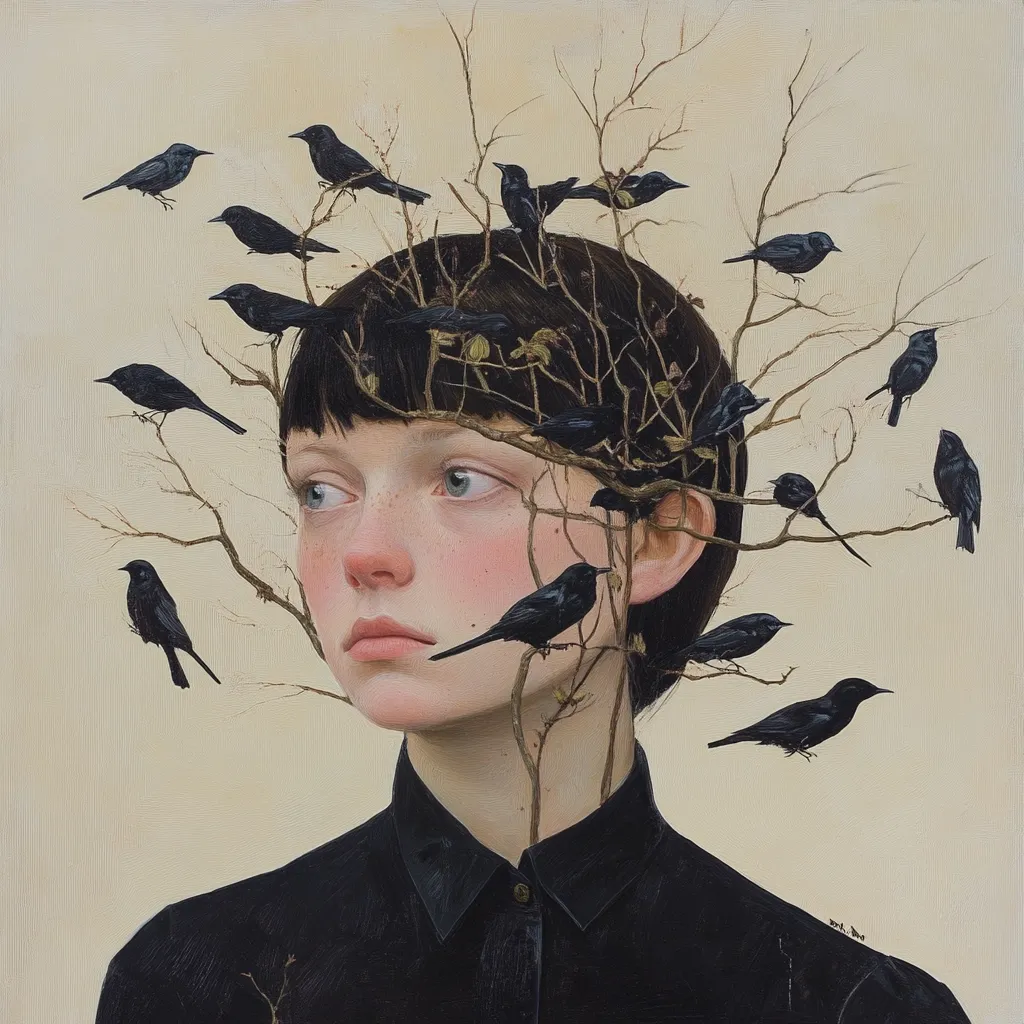 A painting depicts a young person with short dark hair, their head encircled by a bare, leafless branch adorned with numerous small black birds.  The individual's expression is serene yet pensive, gazing off to the side. The style is realistic, with soft shading and a muted color palette, creating an ethereal and somewhat melancholic atmosphere. The birds add a symbolic element, perhaps suggesting thoughts or emotions.
