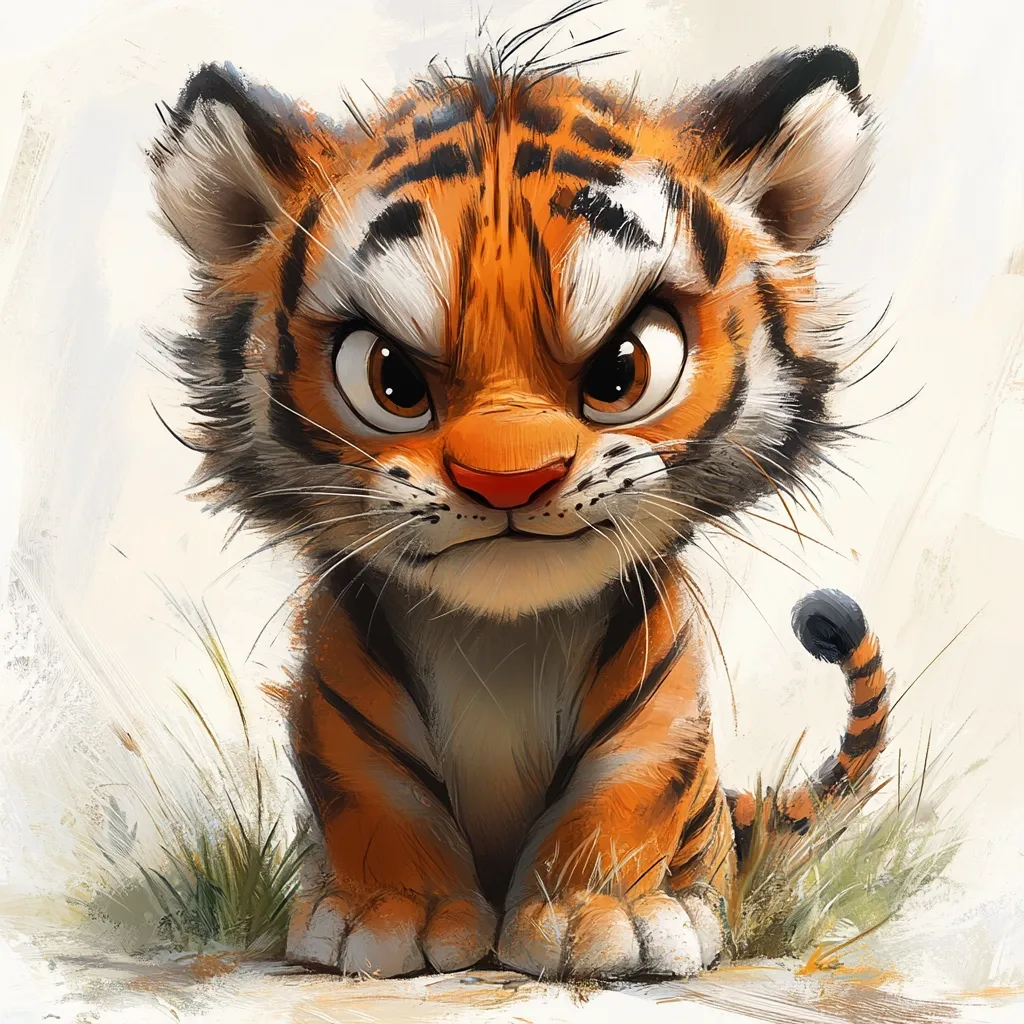 A stylized illustration depicts a grumpy tiger cub.  The cub is rendered in a cartoonish style with exaggerated features, showcasing large, expressive eyes and a serious expression. Its orange and black fur is meticulously detailed, and it sits amidst subtly rendered grass. The overall tone is playful yet slightly menacing, highlighting the cub's intense gaze.