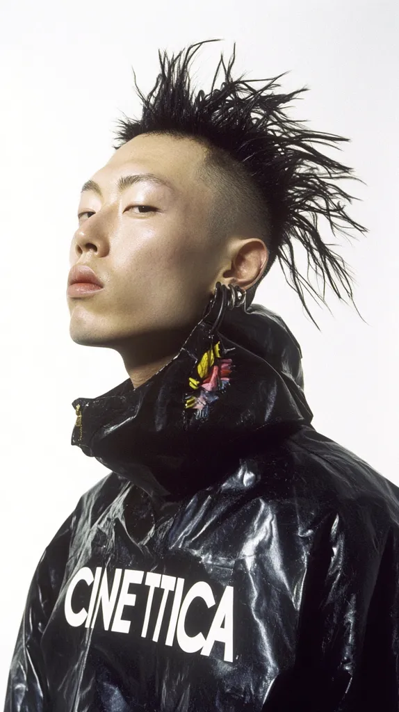 A young man with a dramatic, spiky black hairstyle and fair skin is the focus of a close-up shot. He wears a black, shiny jacket with the word "CINETTICA" prominently displayed.  The jacket has a unique, textured collar and subtle embroidered details. He also sports multiple large, hoop-style earrings. The background is a plain white, keeping the emphasis on the subject's style.