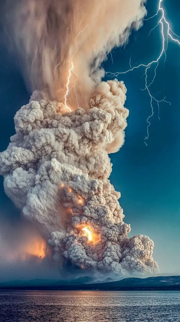 A dramatic volcanic eruption is captured, with a massive plume of ash and smoke billowing into the sky.  Lightning streaks through the dark clouds, illuminating the fiery eruption below.  The scene is set against a dark blue sky and calm water, creating a stark contrast between the destructive power of nature and the serenity of the surrounding landscape.  The image evokes a sense of awe and the raw power of geological forces.