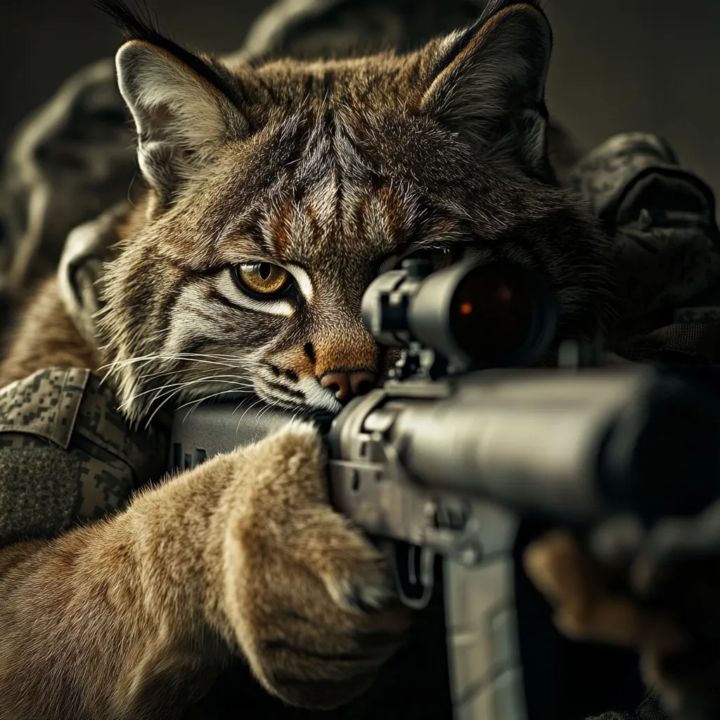 A bobcat, its fur the color of desert sand, intensely focuses through a high-powered sniper scope.  The cat's paws grip the weapon, its piercing gaze fixed on an unseen target.  It's dressed in camouflage military attire, blending seamlessly with the dark background. The image creates a striking juxtaposition of wild animal and military precision.