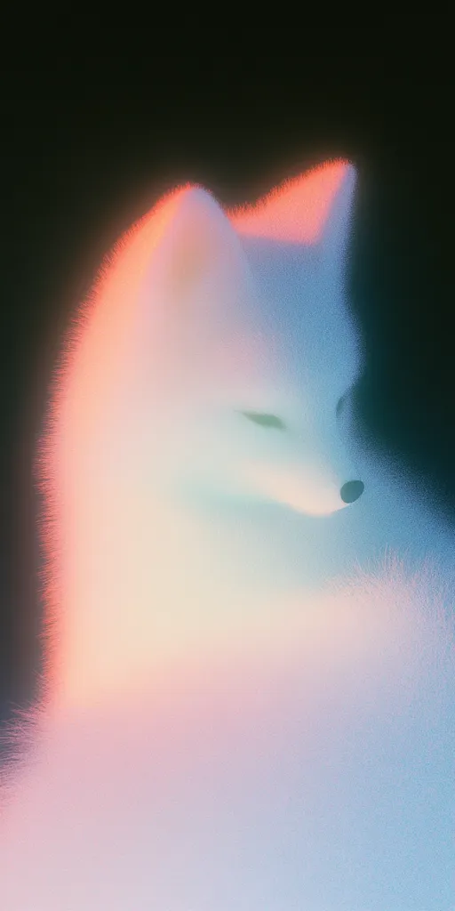 A dreamy, ethereal depiction of a fox, rendered in soft pastel hues of pink, orange, and blue.  The fox's form is subtly defined, appearing almost as a wisp of fur against a dark background.  The image evokes a sense of calmness and mystery, with a focus on texture and light. The overall effect is both delicate and captivating.