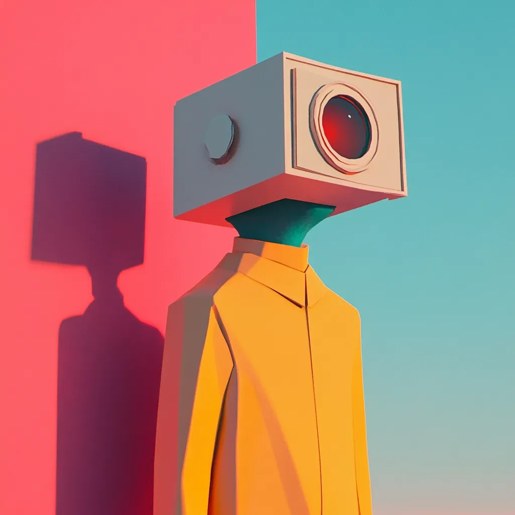 A stylized 3D rendering depicts a figure wearing a box-like head with a central red lens, resembling a camera.  The figure is dressed in a vibrant yellow, long-sleeved shirt against a backdrop split between pink and light blue.  The scene is minimalist, with a shadow cast by the figure on the pink wall adding depth to the composition. The overall aesthetic is clean and geometric.