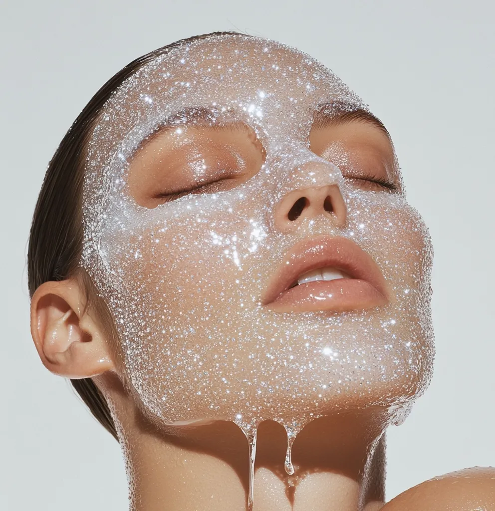 Close-up of a woman's face with a shimmering, glitter-infused face mask. The mask is translucent, allowing the woman's skin to show through.  It's wet and dripping down her face, creating a luxurious and glamorous effect. Her eyes are closed, suggesting relaxation and indulgence in a skincare treatment. The overall image is clean, bright, and aesthetically pleasing.
