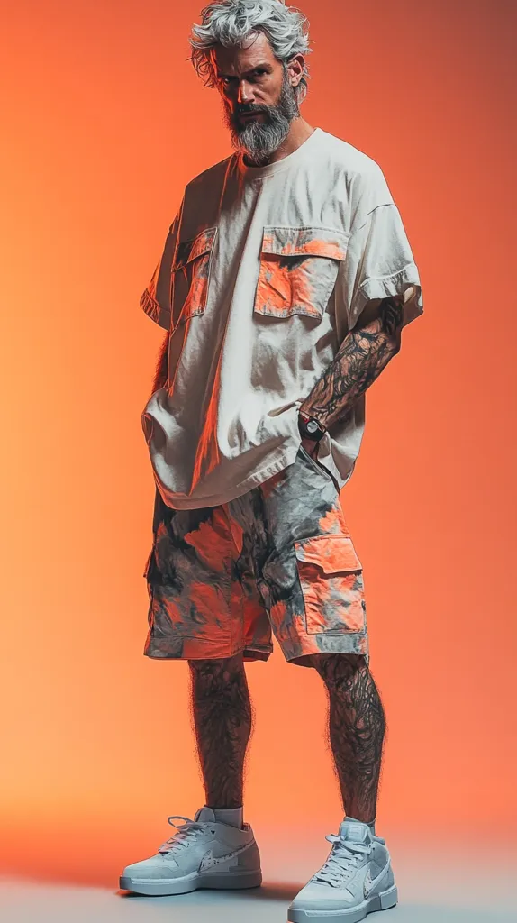 A man with long gray hair and a beard models an outfit against a burnt orange backdrop. He wears a loose-fitting, off-white oversized shirt with patch pockets and tie-dye cargo shorts in shades of orange and gray.  His footwear is a pair of light gray high-top sneakers.  His arms are heavily tattooed.  The overall style is relaxed yet stylish.