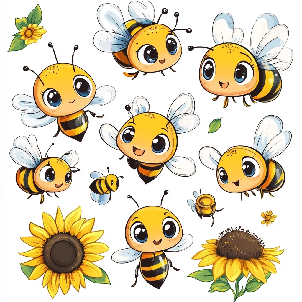 A collection of adorable cartoon bees in various poses, some flying, some resting.  They have large, expressive eyes and bright yellow bodies with black stripes.  Two sunflowers and smaller details like leaves and a honeycomb are included, creating a charming and whimsical scene perfect for children's illustrations or designs.  The bees are depicted in a playful and friendly manner.