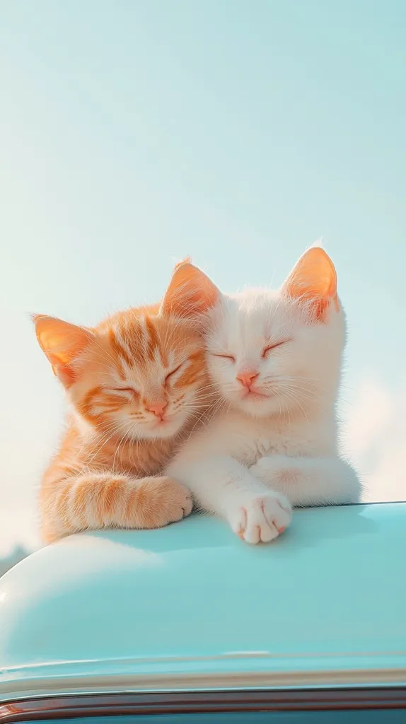 Two adorable kittens, one orange and one white, cuddle together on a light teal surface against a bright blue sky.  Their eyes are closed, appearing peaceful and content.  The scene is soft and evokes a feeling of warmth and tranquility.  The kittens are nestled closely, showcasing their bond.