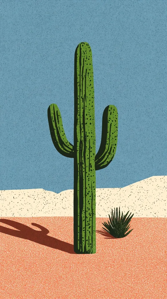A stylized illustration depicts a tall saguaro cactus in a desert landscape.  The cactus is green with a textured appearance, standing tall against a pale blue sky and sandy, off-white background. A smaller desert plant is positioned near its base. The scene is rendered with a retro, almost vintage aesthetic, using bold colors and a slightly grainy texture. A long shadow stretches across the sand from the cactus.