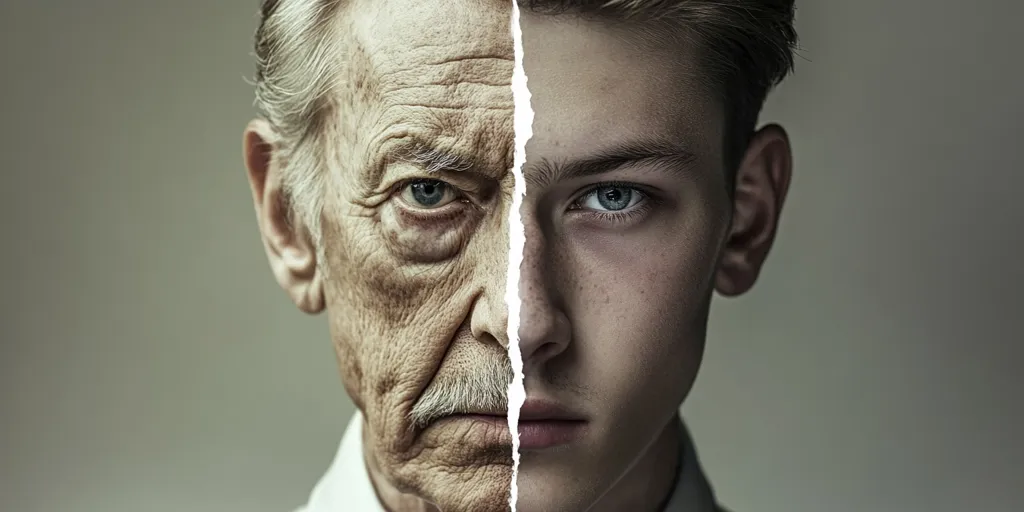 A striking close-up image depicts the face of an elderly man and a young man, seemingly merged.  A vertical tear runs between them, starkly contrasting youthful and aged skin textures.  The juxtaposition powerfully visualizes the passage of time and the inevitability of aging.  The men's serious expressions add depth, evoking reflection on life's journey.