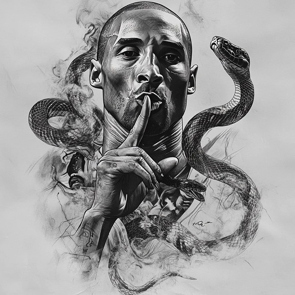 A monochromatic artistic rendering depicts Kobe Bryant, his finger to his lips in a gesture of silence.  He's surrounded by intricately drawn snakes, their bodies intertwining with smoky, ethereal elements. The overall style is a blend of sketch and painting, creating a dramatic and somewhat mysterious effect.  The grayscale palette enhances the intensity of the image's mood.