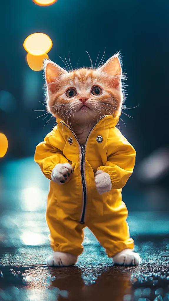 An adorable ginger kitten stands on a wet street at night, wearing a bright yellow hooded jumpsuit.  Bokeh lights blur in the background, creating a dreamy atmosphere. The kitten's large eyes and tiny paws are endearing.  Its outfit perfectly complements its fluffy fur, making for a charming and captivating image.