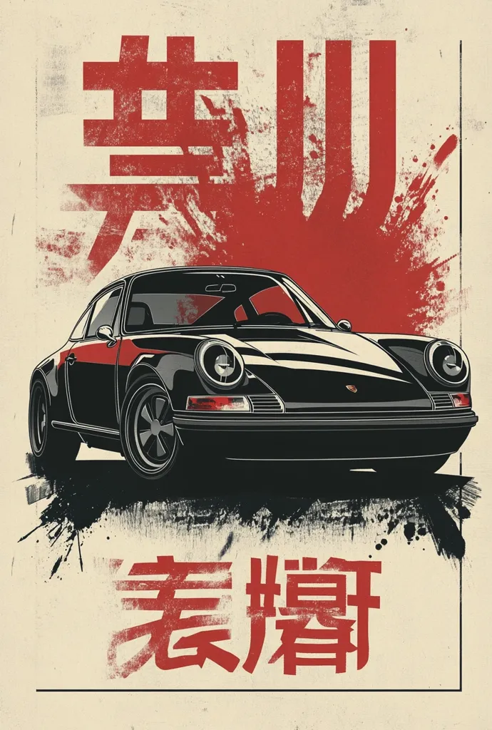 A stylized illustration features a classic black Porsche 911, rendered in a sharp, graphic style.  The car is centrally positioned against a backdrop of bold, red Japanese kanji characters, splashed with distressed ink effects, creating a vintage poster aesthetic. The overall design evokes a sense of speed, power, and Japanese cultural influence.