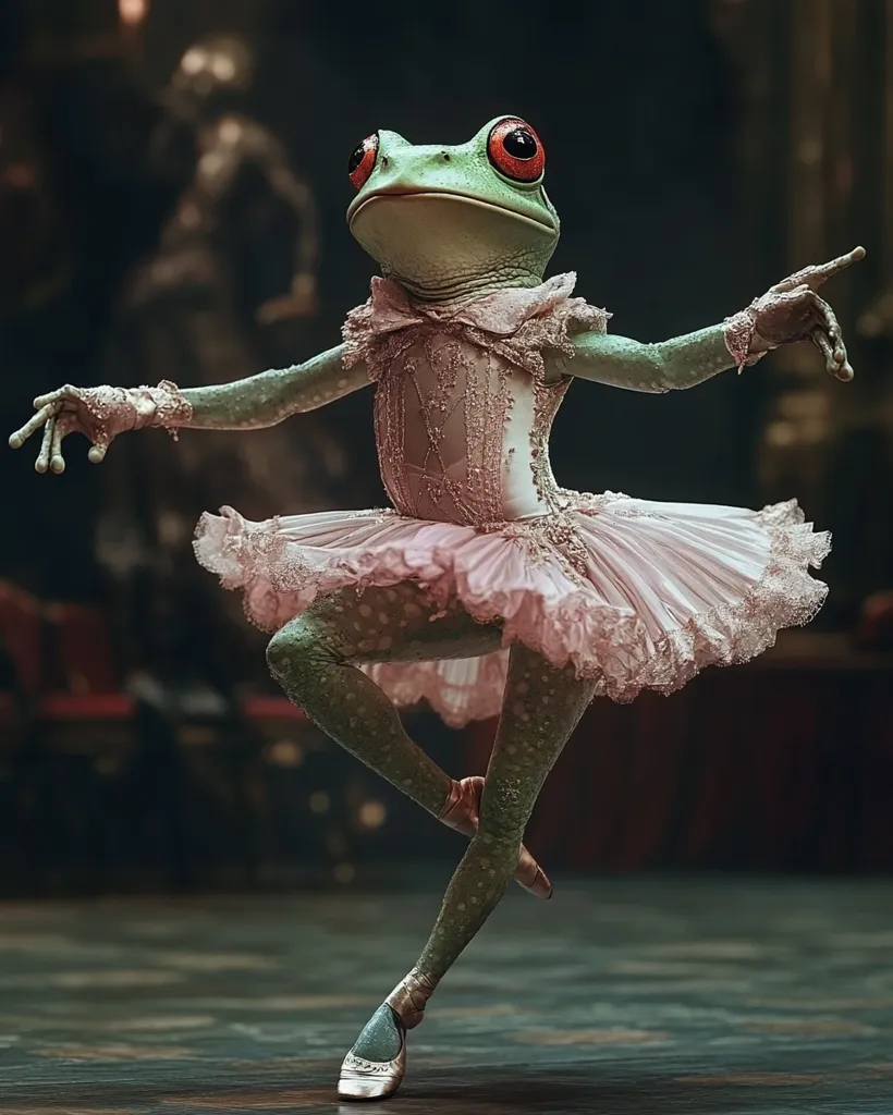 A whimsical image depicts a frog in a ballerina costume.  The frog, with bright red eyes, gracefully executes a ballet pose in a delicate pink tutu and pointe shoes.  The background suggests a theatrical setting, adding to the surreal and artistic nature of the scene. The frog's amphibian features contrast with the elegance of its attire, creating a captivating juxtaposition.