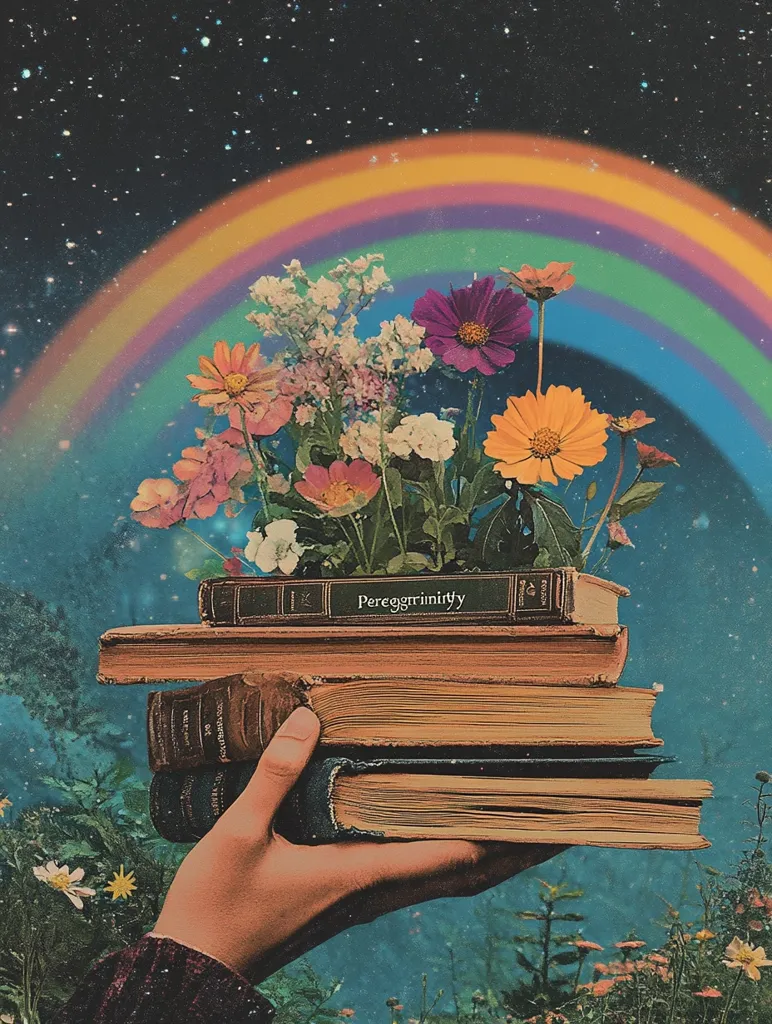 A hand gently holds a stack of vintage books adorned with a vibrant bouquet of wildflowers.  A whimsical rainbow arches across a starry night sky, forming a surreal backdrop. The scene evokes a feeling of magic and wonder, blending nature and literature in a dreamy, retro-styled collage. The title "Peregrininity" is visible on one of the books, adding to the mysterious and enchanting atmosphere.