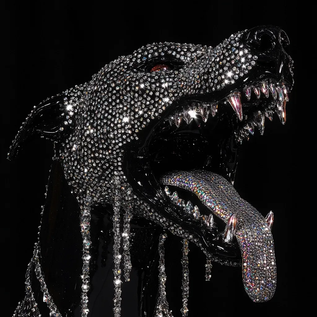 A striking sculpture of a dog's head, rendered in black resin and meticulously encrusted with sparkling crystals.  The dog's mouth is agape, revealing sharp teeth and a long tongue, both also adorned with crystals.  The overall effect is one of both menacing grandeur and extravagant opulence, a darkly glamorous piece of art.