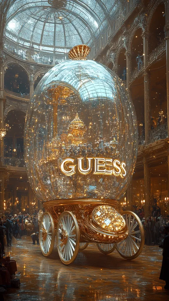 A large, ornate, gold carriage encased in a giant glass sphere sits in a grand, ornate hall. The word "GUESS" is prominently displayed on the carriage.  The hall is filled with people, and glittering lights and falling snow add a magical atmosphere.  The scene is opulent and fantastical, suggesting a luxurious brand campaign.