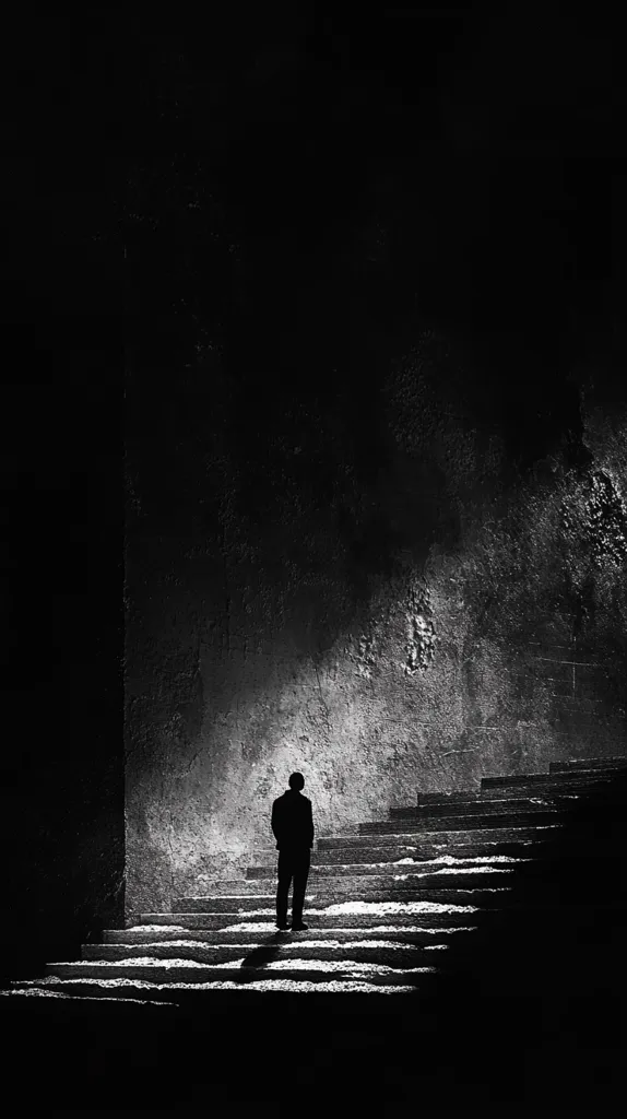 A solitary figure, silhouetted against a stark, dark background, stands on a set of stone steps.  A shaft of light illuminates the scene, highlighting the textured wall and the man's isolated posture. The overall mood is somber and contemplative, emphasizing themes of loneliness and introspection. The contrast between light and shadow creates a dramatic visual impact.