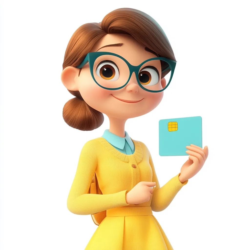 A cheerful 3D cartoon girl with brown hair and teal glasses holds a light blue credit card.  She's dressed in a yellow cardigan and matching dress, smiling warmly.  The image is set against a white background, highlighting the character and the card.  The overall style is cute and friendly, suggesting a theme of finance or payments.