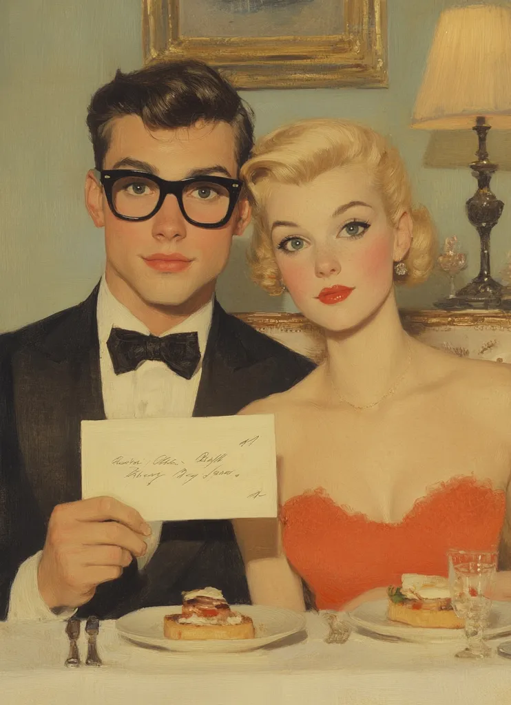 A painting in the style of mid-20th-century American illustration depicts a young couple at a formal dinner.  The man, wearing glasses and a tuxedo, holds a note. The woman, in a coral strapless gown, sits beside him.  The setting is elegant, with a table set for two and a softly lit background.  The style is reminiscent of romantic magazine illustrations. The overall mood is one of sophisticated charm and quiet intimacy.