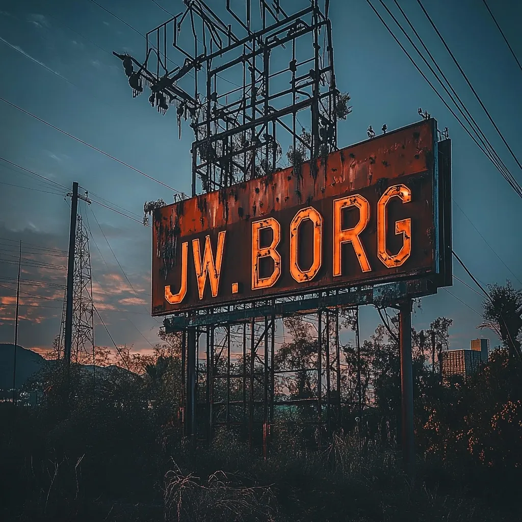A weathered, rusty billboard displaying "JW. BORG" in illuminated orange letters stands against a twilight sky.  The sign is mounted on a dilapidated metal structure, overgrown with vegetation. Power lines crisscross the scene, adding to the desolate ambiance.  The background features a silhouetted landscape with distant buildings under a dusky sky. The overall mood is one of decay and abandonment.