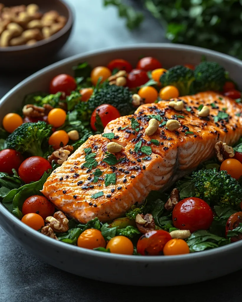 A grilled salmon fillet rests atop a vibrant salad.  The salad features spinach, broccoli florets, cherry tomatoes, golden pear tomatoes, and walnuts.  Cashews are scattered over the salmon, which is seasoned with herbs and spices. The dish is presented in a gray bowl, suggesting a healthy and flavorful meal.