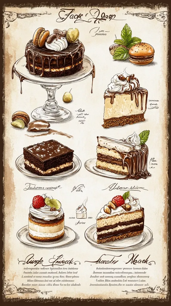 An illustrated menu features various decadent cakes and pastries.  A chocolate cake with macarons is showcased prominently, along with slices of cheesecake, chocolate layer cake, and smaller individual desserts.  Each item is meticulously drawn with shading and detail, suggesting a rich, luxurious texture.  Descriptive text in a stylized font accompanies each dessert, possibly listing ingredients or origins.  The overall aesthetic is vintage and elegant.