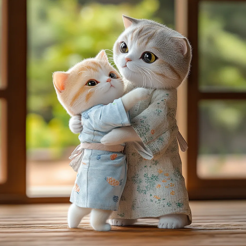 Two adorable cartoon cats, dressed in matching light blue and beige kimonos, embrace in a heartwarming hug.  The larger grey and white cat holds the smaller orange cat close, creating a scene of feline affection.  The backdrop features a blurred green garden visible through a wooden window frame, enhancing the image's peaceful atmosphere.