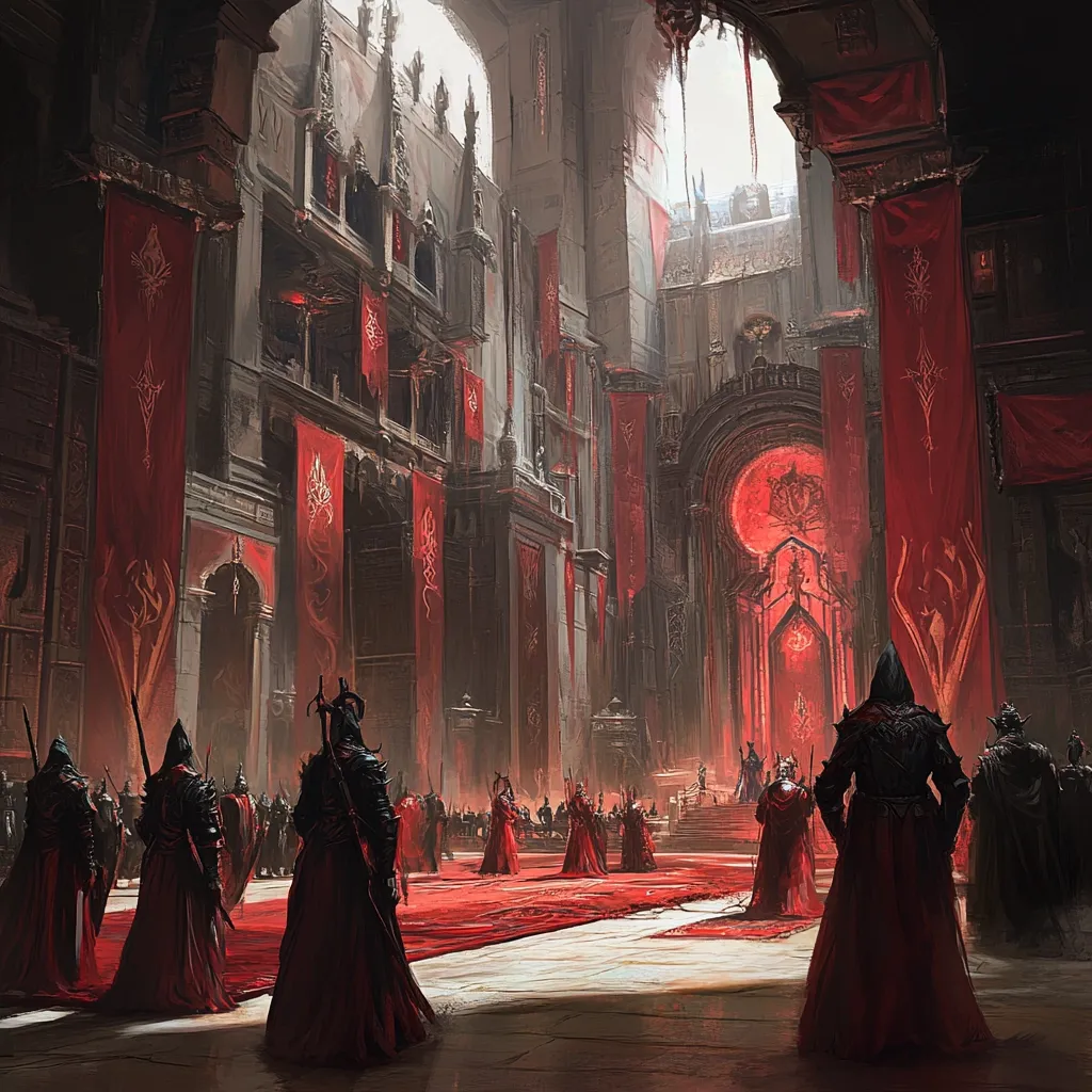 A grand, dark hall adorned with crimson banners and cloaked figures.  The architecture is gothic, with towering stone walls and arched doorways.  A large, circular aperture glows red in the distance, illuminating a red carpeted floor where figures in long red robes stand. The overall atmosphere is one of somber grandeur, hinting at ritual or ceremony.  The scene evokes a sense of mystery and power.