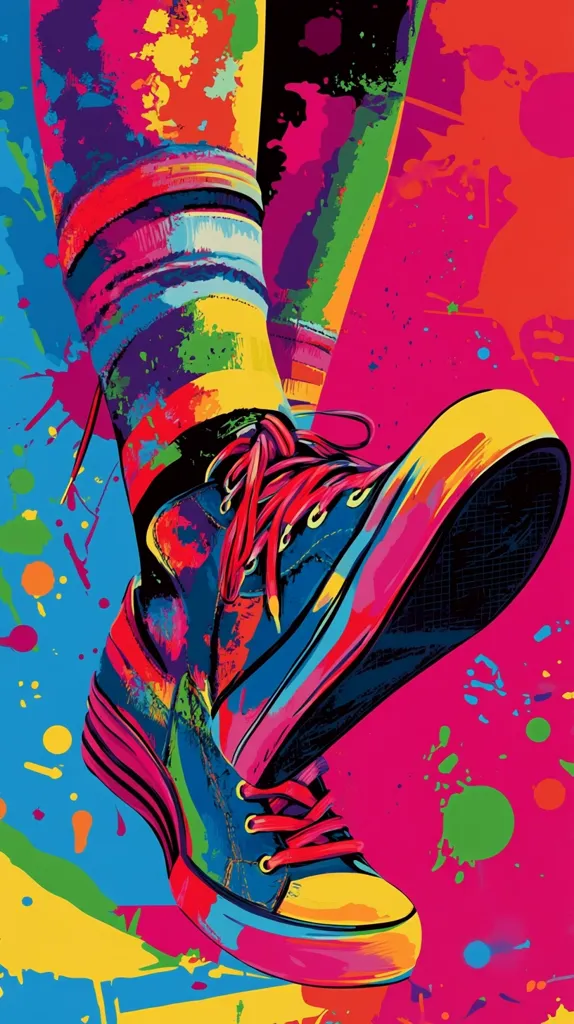 A vibrant, stylized artwork depicts a pair of sneakers in mid-air. The shoes and socks are rendered in a bold, multicolored pop art style, with splashes of paint forming the background.  Red laces contrast against the predominantly blue and yellow shoes. The energetic composition suggests movement and youthful energy. The overall effect is bold, playful, and visually striking.