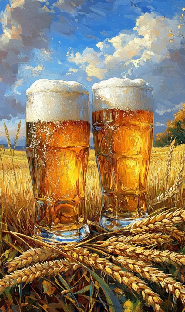 A vibrant painting depicts two frosty glasses of beer nestled amidst a golden wheat field under a bright, partly cloudy sky. The beer is golden and amber, with thick white foam head. The wheat stalks surround the base of the glasses, suggesting the beer's origin and creating a rustic, idyllic scene. The style is impressionistic, with visible brushstrokes adding texture and depth. The overall feeling is one of summer refreshment and the simple pleasures of life.