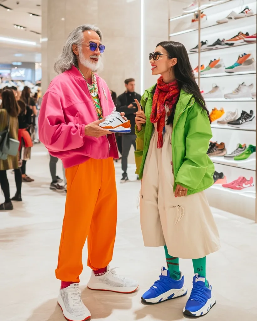A stylish older man with long gray hair and a vibrant pink jacket shows a pair of sneakers to a fashionable young woman.  She's wearing a lime green jacket and beige culottes, sporting colorful socks and bold blue sneakers.  They are standing in a modern shoe store, surrounded by rows of footwear.  Their outfits showcase bold colors and contrasting styles.
