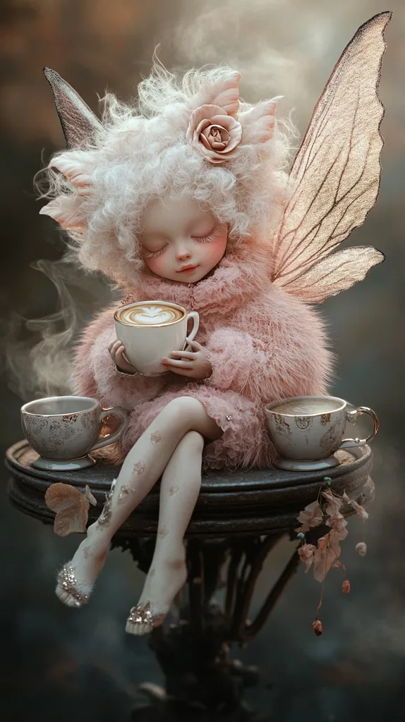 A porcelain fairy doll with delicate wings and fluffy pink attire sits on an ornate table, gently holding a cup of steaming coffee.  Her eyes are closed, suggesting serenity.  Two tiny teacups sit on the table beside her, adding to the whimsical scene.  The overall aesthetic is dreamy and ethereal, with soft lighting and a muted color palette.