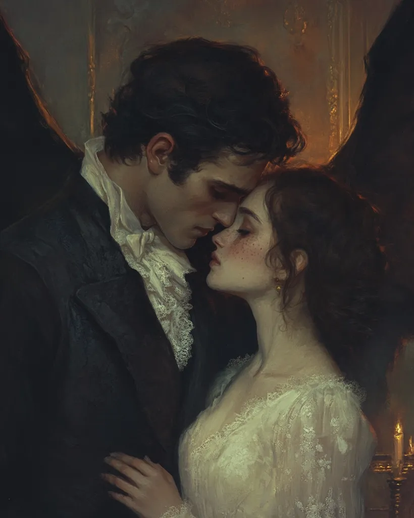A painting depicts a romantic embrace between a man and a woman. The man, with dark hair and a dark suit, has a large, dark wing partially visible. The woman wears a delicate, off-white lace gown.  Their faces are close, almost touching, conveying intimacy and a sense of passion. The dark, moody background and warm lighting enhance the romantic atmosphere.  The style suggests a gothic or fantasy setting.