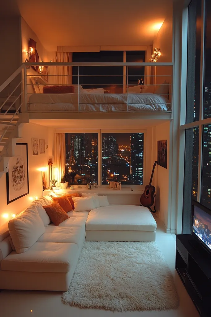 A modern loft apartment at night, illuminated by warm lighting.  A white sectional sofa faces a large window offering a panoramic city view.  Above, a sleeping loft is accessed by a staircase.  A guitar leans against the wall, and a fluffy rug adds warmth to the floor. The overall ambiance is cozy and sophisticated.