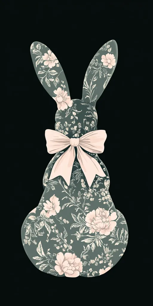 A stylized illustration of a rabbit is shown, its body and ears covered in a dark teal floral pattern featuring pale pink blossoms and leaves. A pale pink bow adorns its neck, adding a touch of elegance. The rabbit is presented against a black background, making the floral design stand out. The overall aesthetic is both charming and sophisticated.