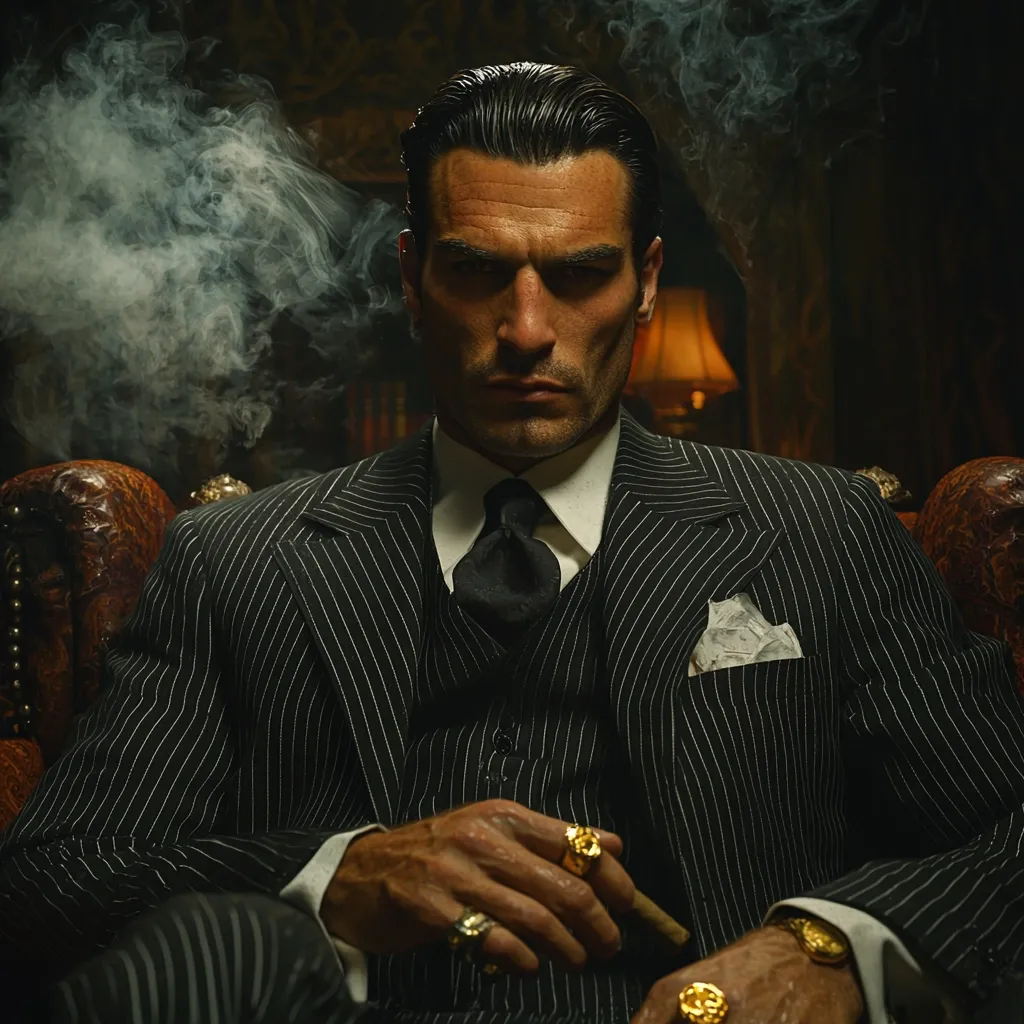 A sharply dressed man in a pinstripe suit sits in a leather armchair, exhaling smoke.  He wears a crisp white shirt, dark tie, and gold rings.  The dimly lit, atmospheric setting suggests a scene of old-world sophistication and perhaps intrigue.  His intense gaze and composed posture convey power and confidence.