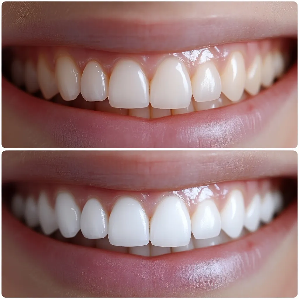 A before-and-after image showcasing teeth whitening. The top image displays teeth that are slightly yellowed.  The bottom image reveals significantly whiter, brighter teeth after a professional whitening treatment.  The transformation highlights a dramatic improvement in the overall appearance of the smile.