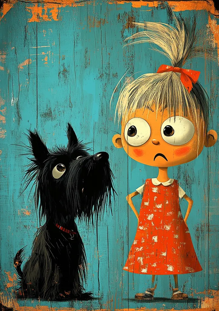 A whimsical illustration depicts a young girl with large eyes and a red dress standing defiantly beside a scruffy black dog.  The girl's expression is one of slight annoyance or displeasure. The artwork is set against a textured turquoise wooden background, suggesting a rustic or vintage feel. The style is cartoonish yet detailed, with expressive brushstrokes and exaggerated features.