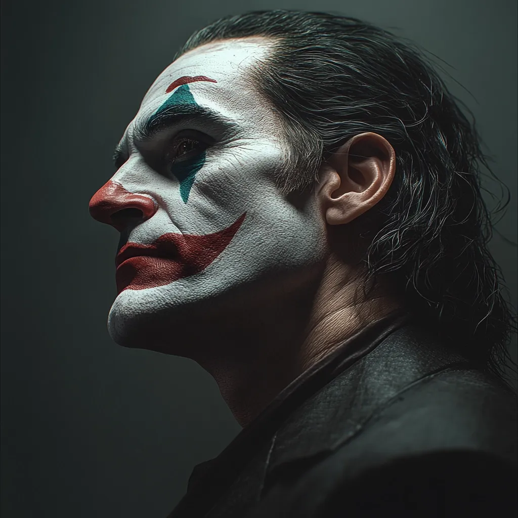 A close-up profile shot of a man with Joker makeup.  His face is painted white with red and green accents around his eyes and mouth, creating a striking contrast against his dark hair and shadowed features. He's dressed in dark clothing, and his expression is somber, hinting at a complex character. The image's dark background further emphasizes the intensity of his gaze.