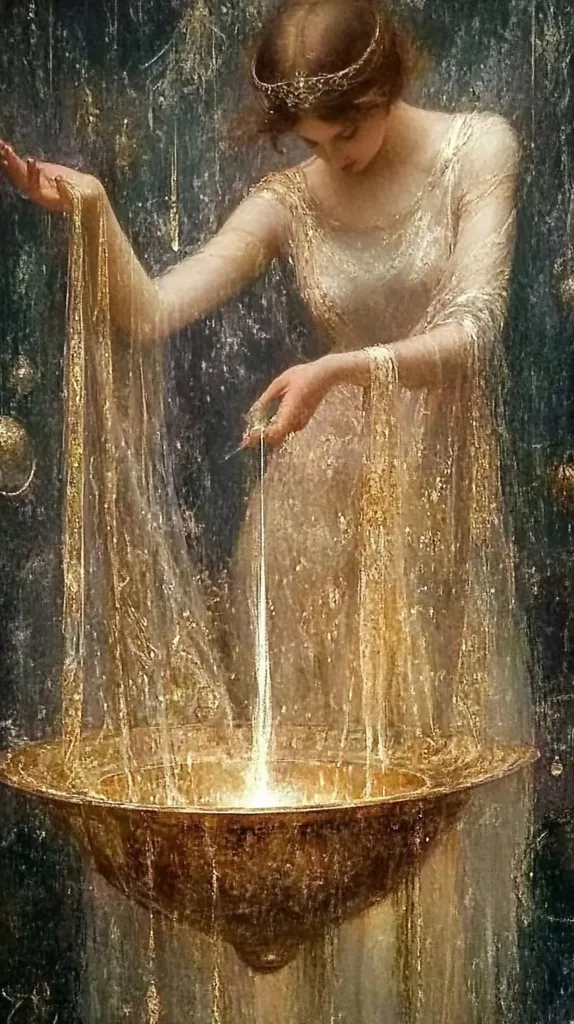 A woman, adorned in a golden crown and flowing white robe, delicately pours shimmering golden liquid into a large, ornate bowl.  The scene is bathed in warm, ethereal light, suggesting a mystical or sacred ritual.  The sheer fabric of her garment adds to the dreamlike quality of the painting, emphasizing the graceful movement and subtle luminosity. The overall effect is one of beauty, serenity, and otherworldly enchantment.
