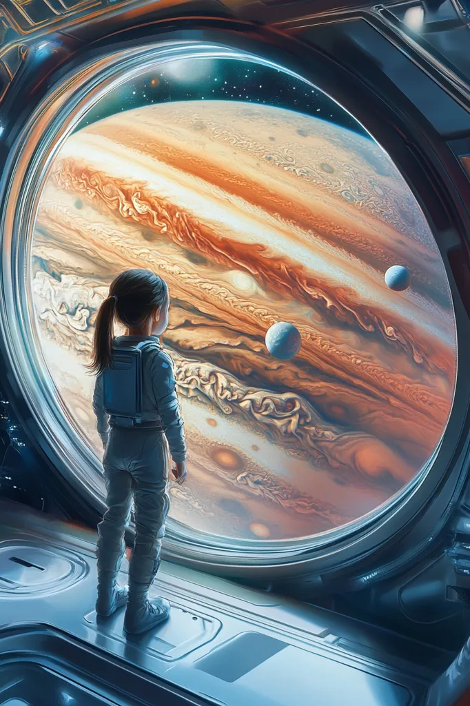 A young astronaut, wearing a miniature spacesuit, stands before a large viewport gazing at Jupiter.  The planet's swirling clouds and atmospheric bands are vividly detailed, with two moons visible in the distance. The spaceship's interior is sleek and futuristic, emphasizing the awe-inspiring view. The scene depicts a child's wonder at the vastness of space.