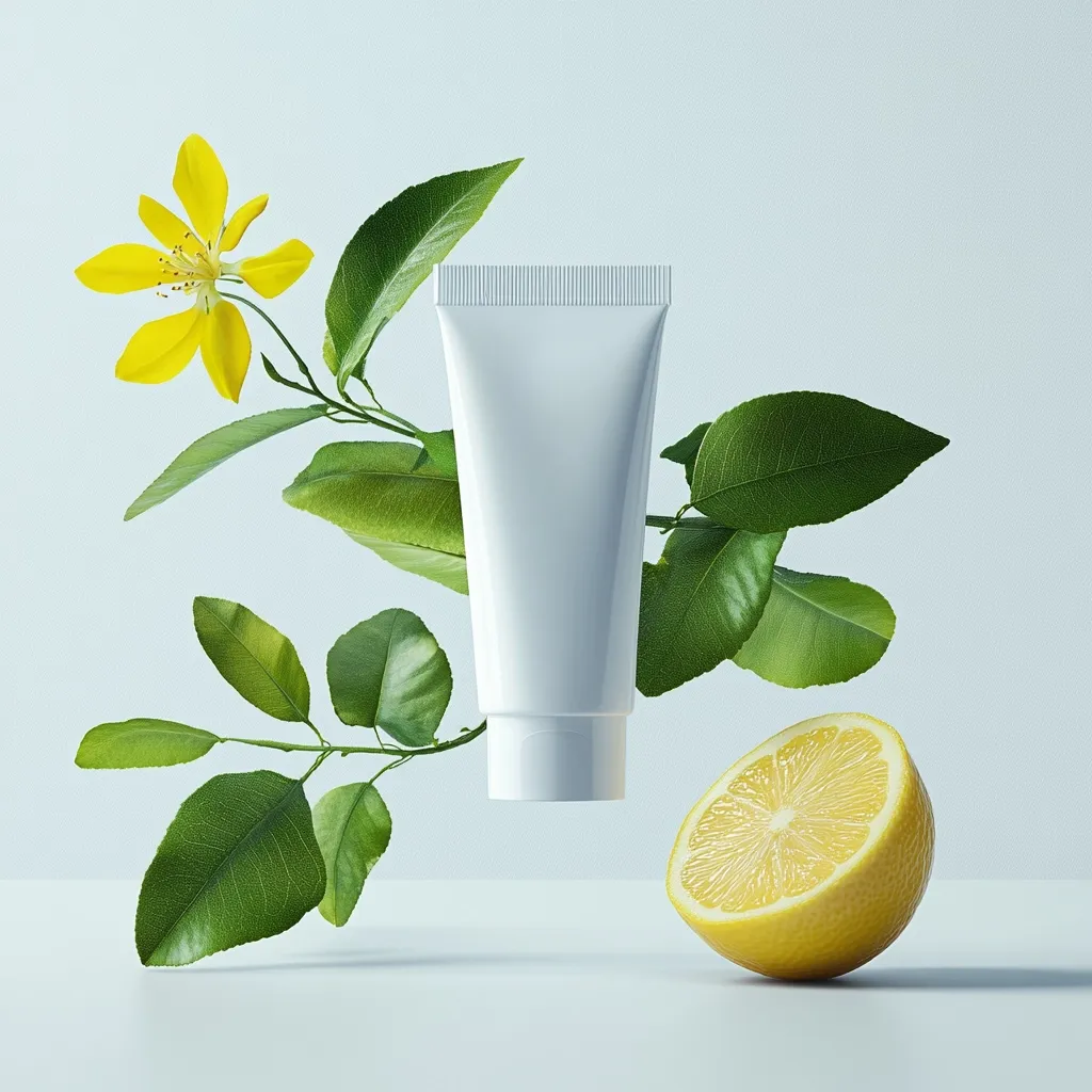 A white cosmetic tube floats amidst lush green lemon leaves and a bright yellow lemon blossom.  A lemon half rests on a light blue surface below.  The image suggests a natural, citrus-infused beauty product, emphasizing freshness and clean ingredients. The overall aesthetic is minimalist and elegant.