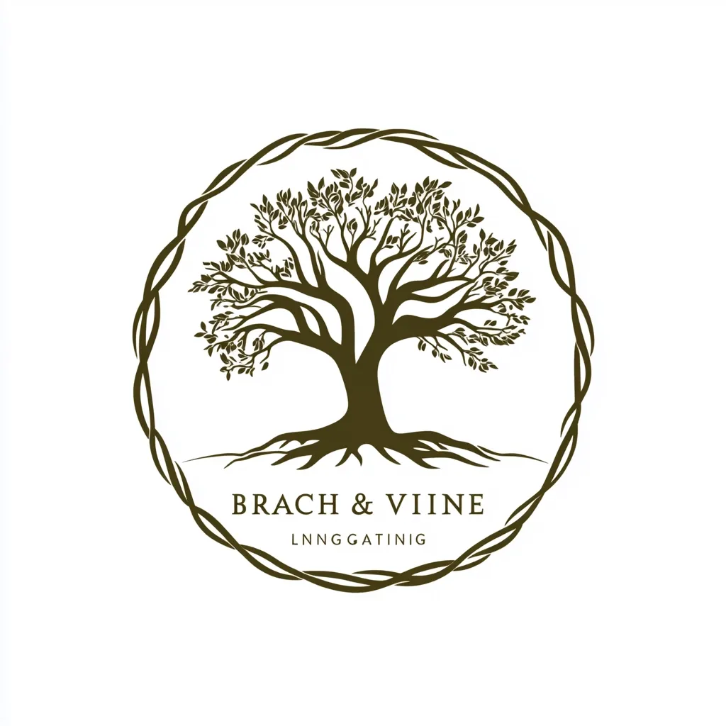 A logo featuring a stylized tree with deep roots, encircled by a vine-like border.  The text "BRACH & VIIINE" is displayed below the tree, with "LNNGGATINIG" underneath. The design is dark olive green on a white background, conveying a sense of nature, growth, and possibly a brand focused on organic or natural products.  The overall aesthetic is elegant and minimalist.